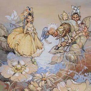 A Fairy Crossing a Spider's Web Whist Another Daffs His Cap by Peg Maltby - Art Print