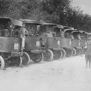 A Fleet of Trucks each with its own Driver is arrayed and ready to transport troops. - Art Print