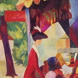 Before Hutladen (woman with a red jacket and child) by August Macke - Art Print