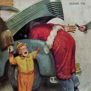Boy Upset to See Santa Mechanic under Car Hood - Art Print