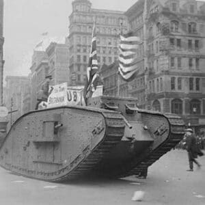 British tank sporting an American Flag tracks down Fifth Avenue