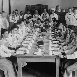 Naval Cadets sit at long table with bowls in front #2 - Art Print
