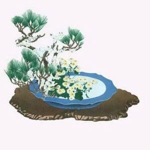 Oimatsu & Shiragiku (Pine and White Winter Chrysanthemum) in an Antique Mirror Shaped Vessel by Josiah Conder #2 - Art Print