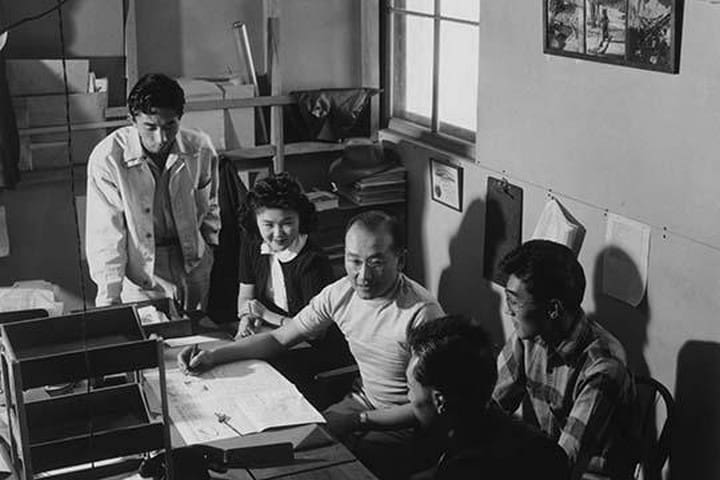 Roy Takeno and Staff Meeting by Ansel Adams - Art Print