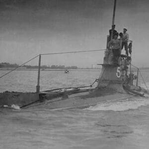 Royal Navy British Submarine A5 on Coast with Navy Men on Conning Tower above surface - Art Print