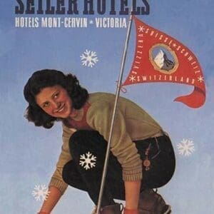 Seiler Hotel: Woman Adjusting Skis by Mattei F. - Art Print