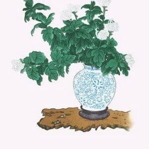 Shiragiku (White Chrysanthemum) in a Blue and White Tsubo by Josiah Conder - Art Print