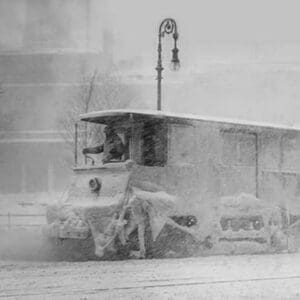 Trolley Snowplow Pushes ahead in heavy snowfall on New York Streets - Art Print