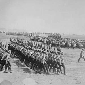 Tsarist Troops parade and pass in Review in Formation across field while a marching band plays - Art Print