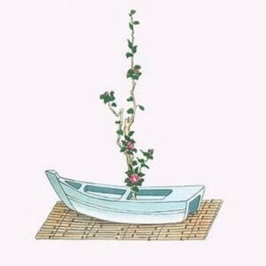 Tsubaki (Camellia Japonica) in a boat shaped Vase by Josiah Conder - Art Print