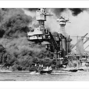 USS West Virginia alight in Pearl Harbor - Art Print