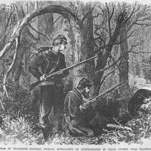 Union Picket approached by Confederates in Cedar Bushes near Chattanooga by Frank Leslie - Art Print