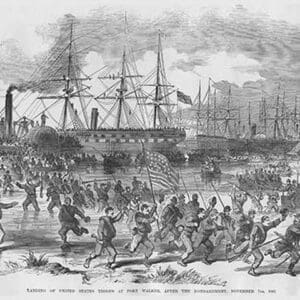 Union troops assault Confederate Fort Walker after Bombardment by Frank Leslie - Art Print
