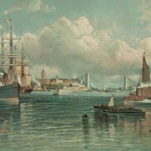 View of New York Harbor with Brooklyn Bridge in background - Art Print
