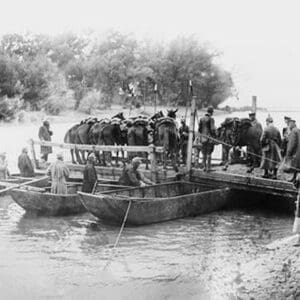 WWI Pontoon Boat Bridge Transports Cavalry over Serbian River - Art Print
