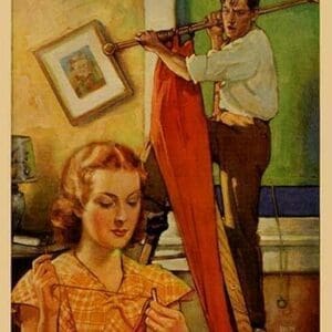 Wife sews while a man hangs a picture by Home Arts #2 - Art Print