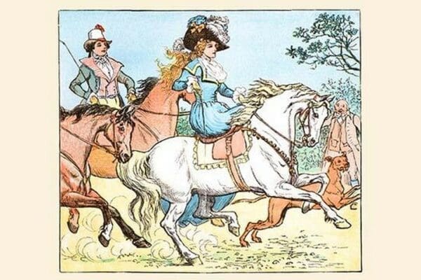 Young Girl Rides a White horse followed by a suitor by Randolph Caldecott - Art Print