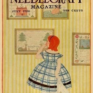 Young girls looks at a selection of old needlepoints on a wall by Needlecraft Magazine - Art Print
