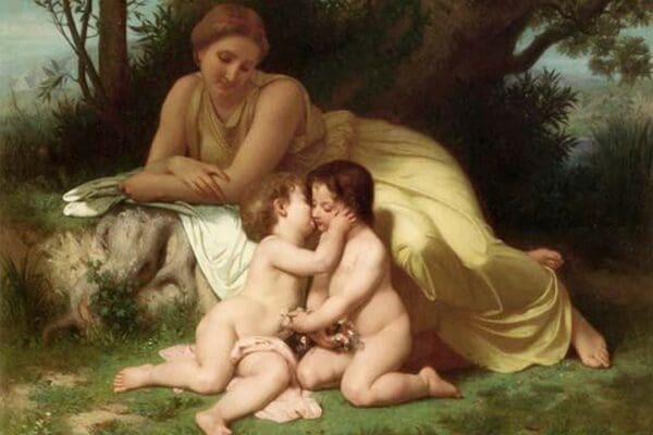 Young woman contemplates two embracing infants by William Bouguereau - Art Print