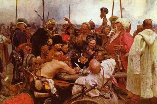 Zaraporoski Cossacks Send the Turkish Sultan Mahmoud IV a Letter by Ilya Repin #2 - Art Print